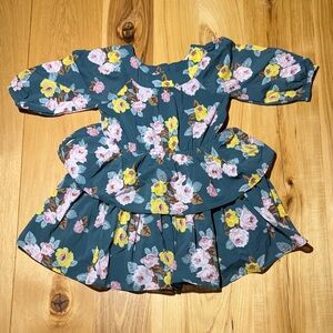 Janie and Jack Floral Peplum Ruffle Dress in Teal with Pink & Yellow Roses